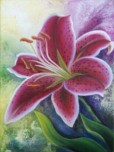 Painting titled "Lily" by Anna Steshenko, Original Artwork, Oil Mounted on Wood Stretcher frame