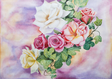 Картина под названием "Roses in the garden" - Anna Steshenko, Подлинное произведение искусства, Акварель