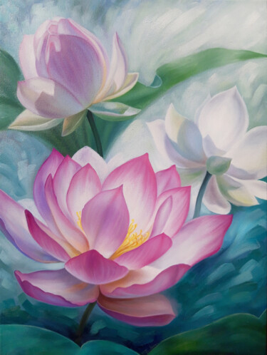 Painting titled "Water Lilies" by Anna Steshenko, Original Artwork, Oil Mounted on Wood Stretcher frame