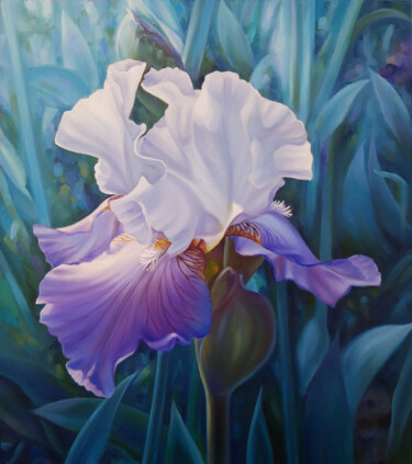 Painting titled "Spring iris" by Anna Steshenko, Original Artwork, Oil Mounted on Wood Stretcher frame