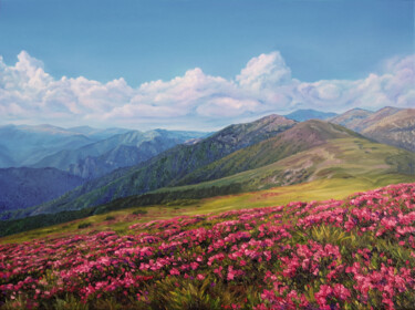 Painting titled "Spring in the mount…" by Anna Steshenko, Original Artwork, Oil Mounted on Wood Stretcher frame