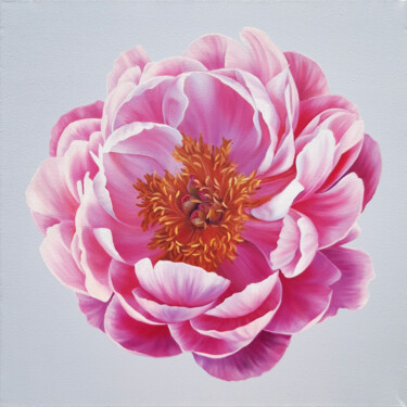 Painting titled "Coral charm peony" by Anna Steshenko, Original Artwork, Oil Mounted on Wood Stretcher frame