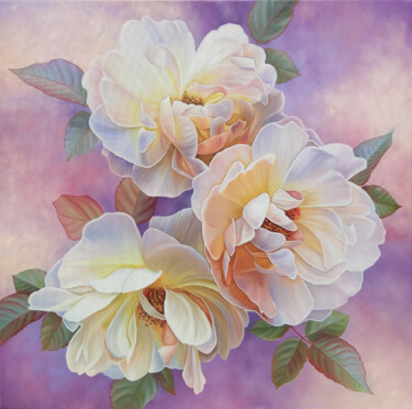 Painting titled "Yellow roses" by Anna Steshenko, Original Artwork, Oil Mounted on Wood Panel