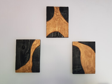 Sculptuur getiteld "Triptyque Gold river" door Annbo, Origineel Kunstwerk, Hout