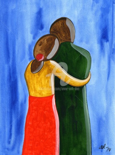 Painting titled "LES AMOUREUX" by Anne Anh-Dào, Original Artwork, Watercolor