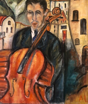 Painting titled "Le violoncelle huil…" by Anne Basch, Original Artwork, Oil Mounted on Wood Stretcher frame