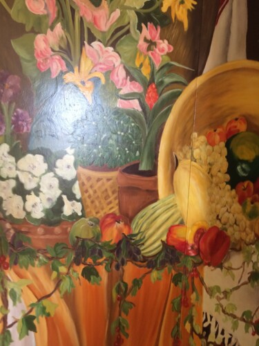Painting titled "Fleurs et Fruits" by Anne Basch, Original Artwork, Oil Mounted on Wood Panel