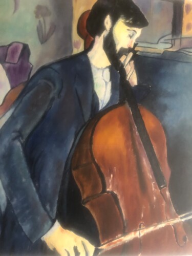Painting titled "Le violoncelliste i…" by Anne Basch, Original Artwork, Oil Mounted on Wood Stretcher frame