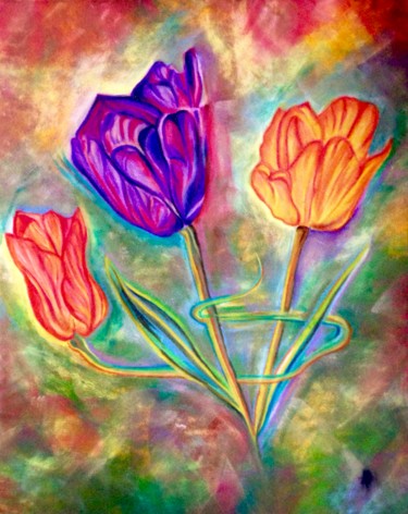Painting titled "Trois tulipes enrub…" by Anne Brigaud, Original Artwork