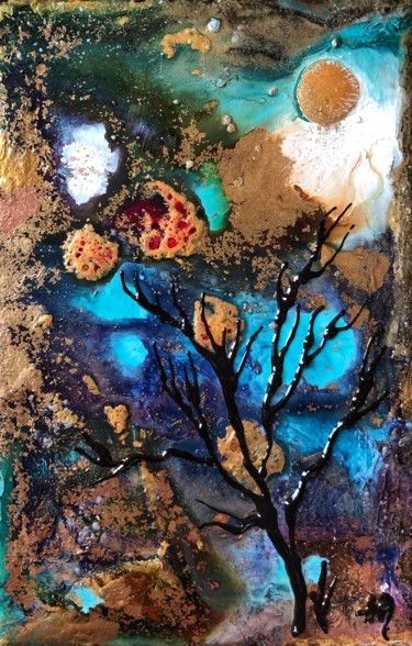 Peinture intitulée "Lune d’or à l’arbre…" par Anne Brigaud, Œuvre d'art originale