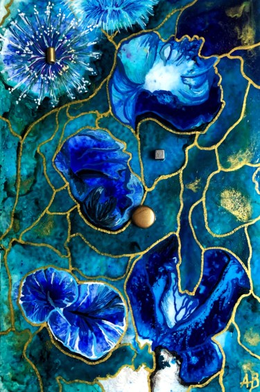 Pintura titulada "Fleurs bleues marbr…" por Anne Brigaud, Obra de arte original