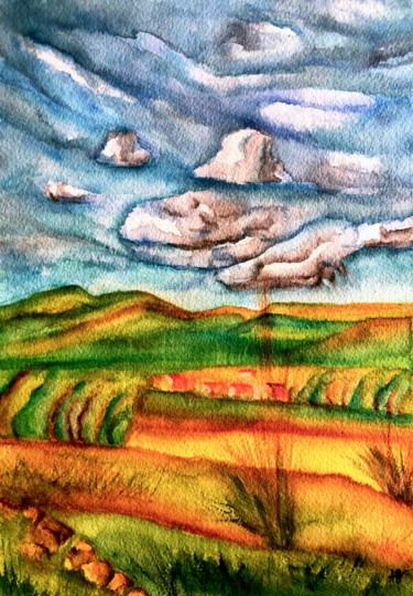 Картина под названием "Danse de nuages" - Anne Brigaud, Подлинное произведение искусства, Акварель