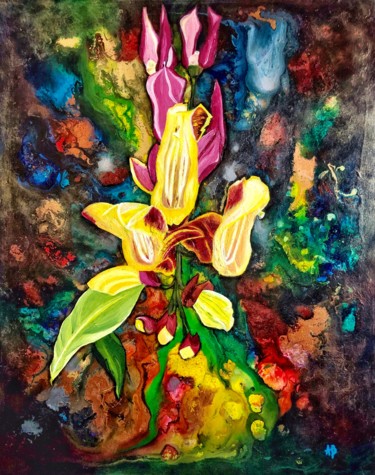 Painting titled "Fleurs jaunes et bo…" by Anne Brigaud, Original Artwork, Acrylic