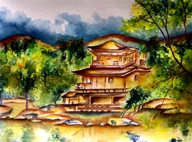 Painting titled "Pagode japonaise" by Anne Brigaud, Original Artwork, Watercolor