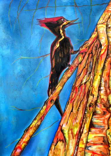 Painting titled "Oiseau noir sur arb…" by Anne Brigaud, Original Artwork, Marker