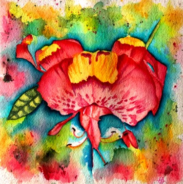 Peinture intitulée "Fleur rouge sur fon…" par Anne Brigaud, Œuvre d'art originale, Aquarelle