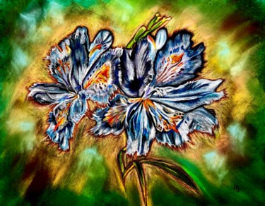 Painting titled "Fleurs bleues et bl…" by Anne Brigaud, Original Artwork, Pastel