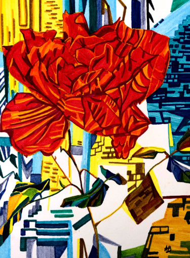 Painting titled "Fleur rouge sur fon…" by Anne Brigaud, Original Artwork, Marker