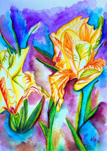 Painting titled "Iris jaunes" by Anne Brigaud, Original Artwork, Watercolor