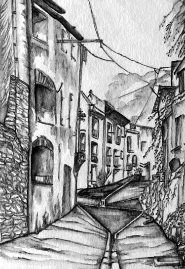 Painting titled "Ruelles sombres" by Anne Brigaud, Original Artwork, Graphite