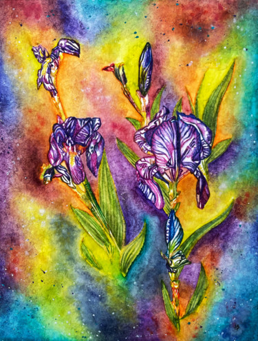 Ζωγραφική με τίτλο "Quelques iris" από Anne Brigaud, Αυθεντικά έργα τέχνης, Ακουαρέλα