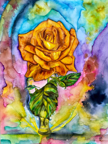 Peinture intitulée "Soliflore à rose or…" par Anne Brigaud, Œuvre d'art originale, Aquarelle