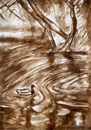 Peinture intitulée "Rivière au canard" par Anne Brigaud, Œuvre d'art originale, Encre