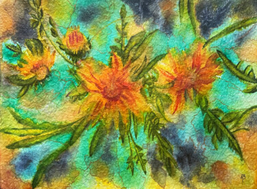 Peinture intitulée "Fleurs oranges sur…" par Anne Brigaud, Œuvre d'art originale, Aquarelle