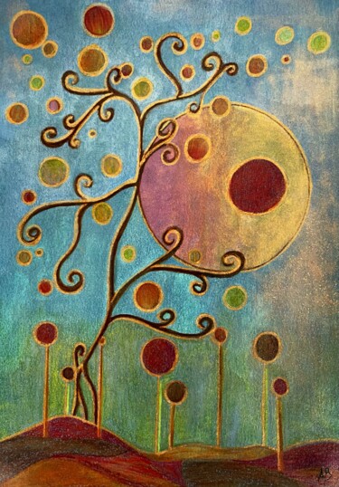Peinture intitulée "Double lune rouge e…" par Anne Brigaud, Œuvre d'art originale, Aquarelle