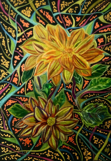 Peinture intitulée "Fleurs jaunes sur f…" par Anne Brigaud, Œuvre d'art originale, Crayon