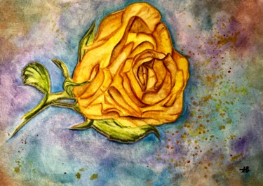 Painting titled "Rose jaune sur fond…" by Anne Brigaud, Original Artwork, Watercolor