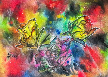Painting titled "Roses éclatées" by Anne Brigaud, Original Artwork, Watercolor