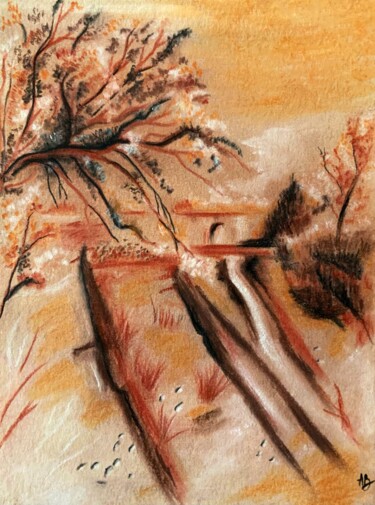 Ζωγραφική με τίτλο "Chemin du pont" από Anne Brigaud, Αυθεντικά έργα τέχνης, Κάρβουνο