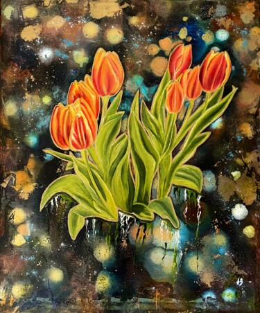 Painting titled "Tulipes sur fond bl…" by Anne Brigaud, Original Artwork, Acrylic