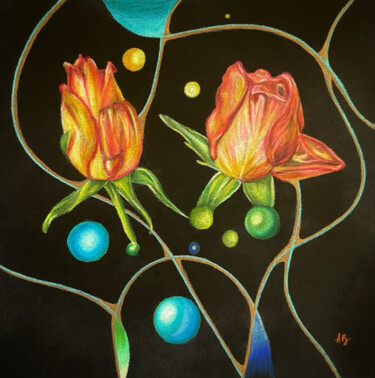 Painting titled "Deux roses aux ronds" by Anne Brigaud, Original Artwork, Pencil
