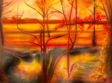 Peinture intitulée "Rivière rouge en mi…" par Anne Brigaud, Œuvre d'art originale, Pastel