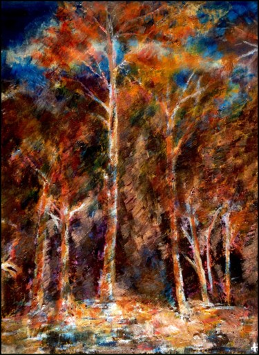 Painting titled "Forêt orange et ble…" by Anne Brigaud, Original Artwork