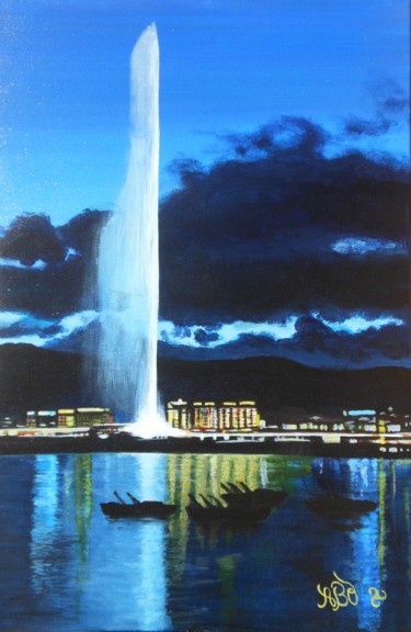 Peinture intitulée "Genève s'endort" par Anne Brunello, Œuvre d'art originale, Acrylique