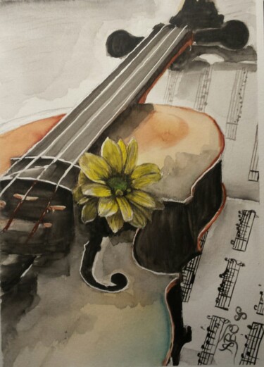 Painting titled "un air de violon" by Anne Brunello, Original Artwork, Watercolor