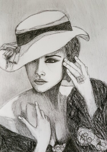 Dessin intitulée "Femme au chapeau no…" par Anne Brunello, Œuvre d'art originale, Graphite