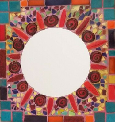 "Miroir rond sur boi…" başlıklı Heykel Anne Cabon tarafından, Orijinal sanat, Mozaik Ahşap panel üzerine monte edilmiş