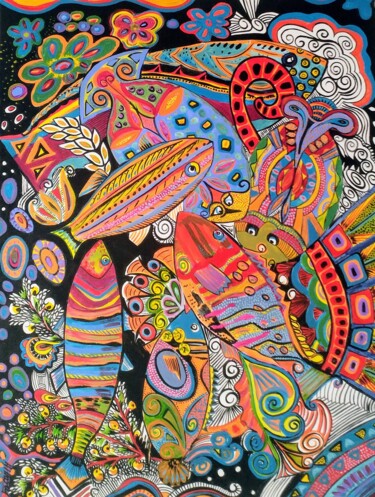 Painting titled "Poissons imaginaire…" by Anne Cabon, Original Artwork, Acrylic