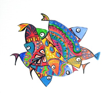 Painting titled "Poissons001" by Anne Cabon, Original Artwork, Acrylic Mounted on Wood Stretcher frame