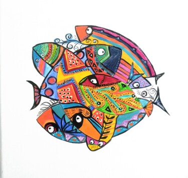 Painting titled "Poissons002" by Anne Cabon, Original Artwork, Acrylic Mounted on Wood Stretcher frame