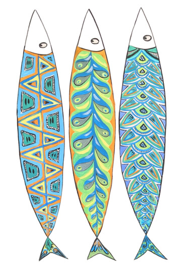 Malerei mit dem Titel "3 sardines vertes" von Anne Cabon, Original-Kunstwerk, Acryl
