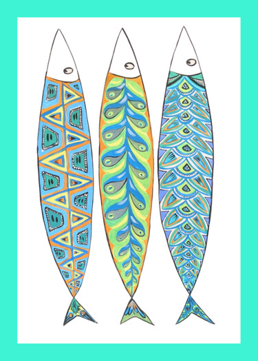 绘画 标题为“3 sardines vertes e…” 由Anne Cabon, 原创艺术品, 丙烯