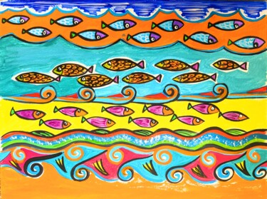 Painting titled "Poissons 007" by Anne Cabon, Original Artwork, Acrylic