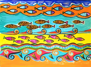 Peinture intitulée "Poissons 007" par Anne Cabon, Œuvre d'art originale, Acrylique