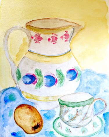 Painting titled "poterie" by Anne Cabon, Original Artwork, Watercolor