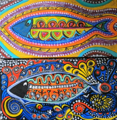 Schilderij getiteld "poissons et graffit…" door Anne Cabon, Origineel Kunstwerk, Acryl